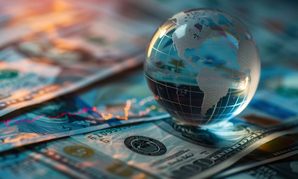 A glass globe depicting a world map rests on a background of U.S. dollar bills, suggesting themes of finance and global commerce.