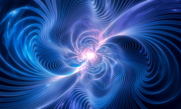 Abstract swirling patterns of blue and purple light radiating from a central bright point, creating a cosmic, spiral effect reminiscent of a galaxy or energy vortex.