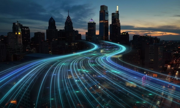 A vibrant cityscape of Philadelphia at dusk, featuring illuminated skyscrapers and dynamic, flowing light trails representing movement and energy.
