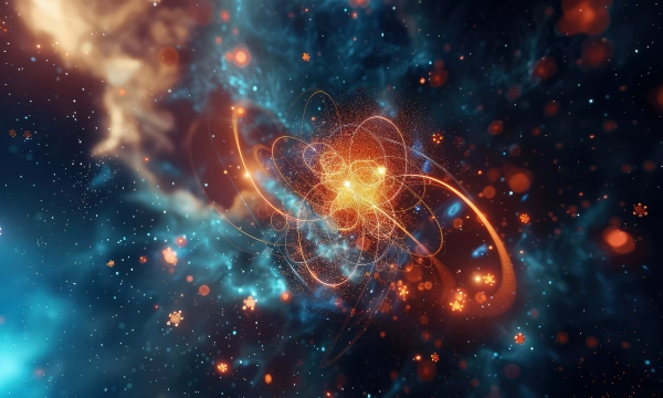 An abstract cosmic scene depicting vibrant colors and swirling particles, symbolizing energy and movement within a vast galaxy.