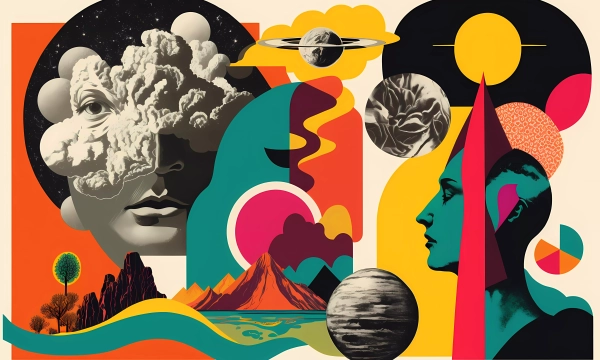 A vibrant abstract collage featuring surreal elements like clouds, planets, mountain landscapes, and geometric shapes, with human faces and profiles integrated into the design.