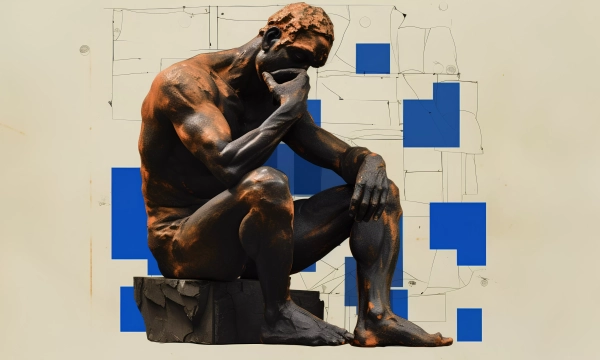 A contemplative sculpture of a nude man seated on a block, resting his chin on his hand, surrounded by abstract colorful shapes.
