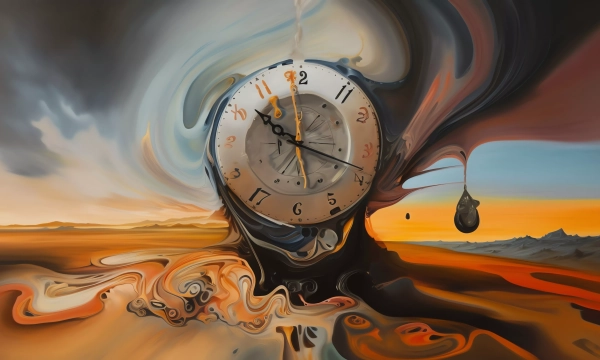 A surreal landscape featuring a melting clock amidst swirling colors, evoking themes of time and fluidity in a dreamlike setting.