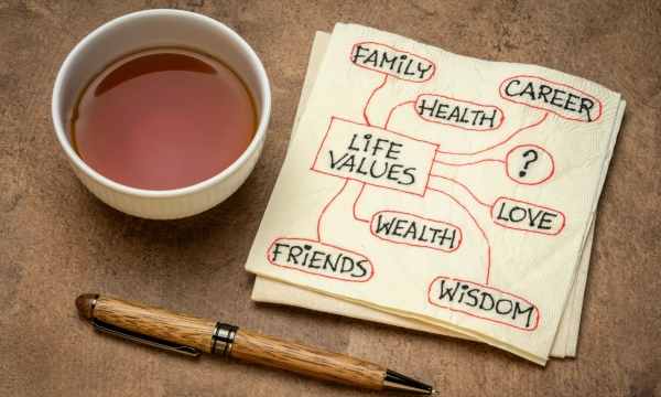 A notepad with "Life Values" at the center surrounded by various life priorities: Family, Health, Wealth, Career, Love, Friends, and Wisdom, next to a cup of tea and a pen.