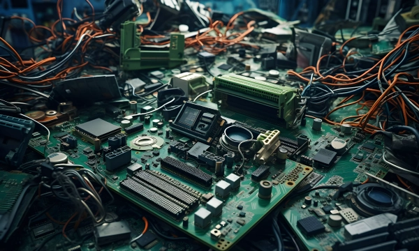 A cluttered scene of circuit boards and tangled wires, showcasing various electronic components amidst a chaotic mess of outdated technology.