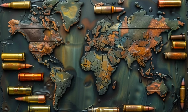 A textured world map with an artistic blend of earthy colors, surrounded by various bullet casings, representing themes of conflict and geopolitics.