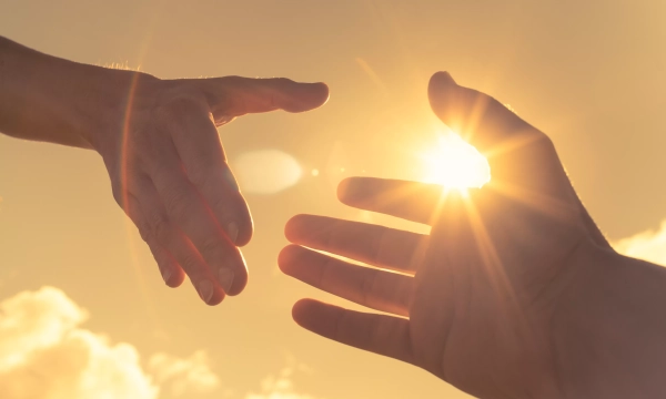 Two hands reaching toward each other against a bright, sunlit sky, symbolizing connection and unity.