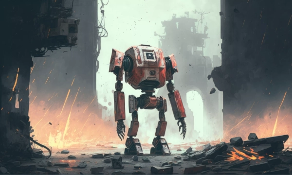 A red and gray robotic figure stands in a desolate, post-apocalyptic landscape, surrounded by debris and emerging flames amidst a foggy atmosphere.
