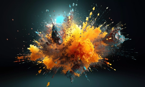 A vibrant explosion of orange and blue colors, featuring dynamic splashes and textures resembling paint, creating an artistic and abstract visual effect.