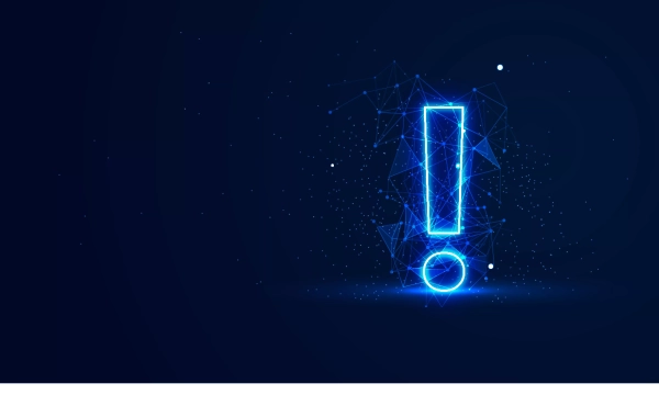 A glowing blue exclamation mark made of connected geometric lines and points against a dark background, suggesting emphasis or alertness.