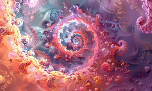A vibrant, swirling fractal pattern featuring spirals in hues of pink, purple, and orange, creating a mesmerizing depth and intricate details.