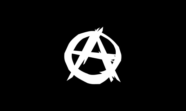 A white anarchy symbol depicted on a black background, featuring a stylized letter "A" enclosed within a circular outline.