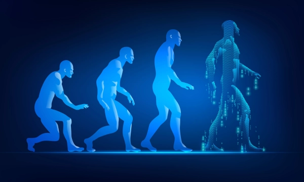 A digital illustration depicting the evolution of humans, transitioning from primitive forms to a modern, pixelated figure amidst a blue background.