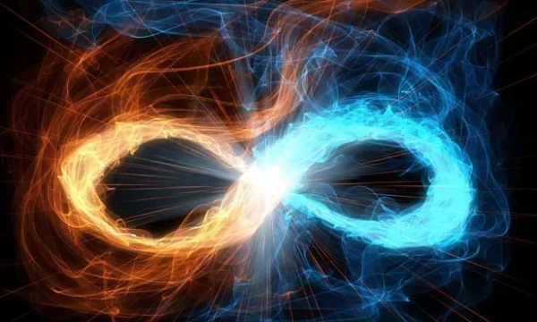 An abstract representation of an infinity symbol created with swirling orange and blue flames, set against a black background.