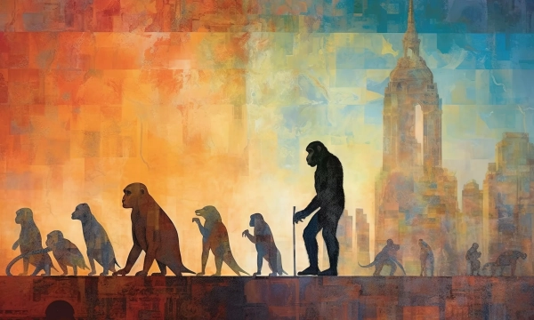Silhouette of human evolution from primates to modern humans, set against a vibrant cityscape with the Empire State Building in the background.
