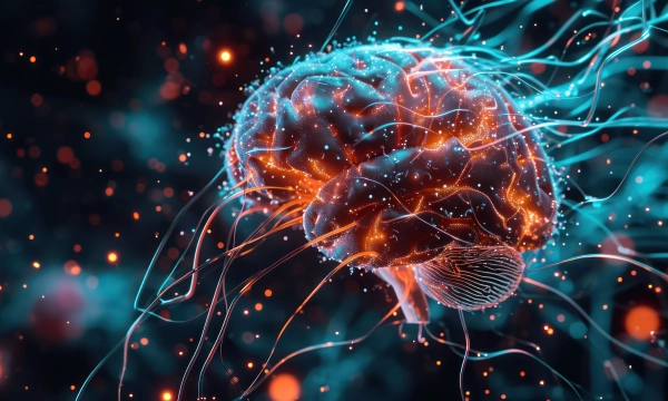 A digitally rendered image of a glowing, interconnected human brain surrounded by vibrant lines and particles, representing neural connections and activity.