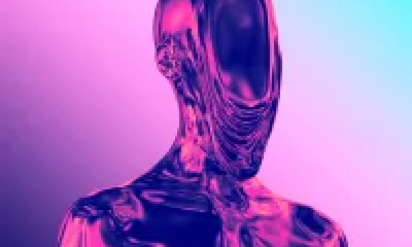 A surreal, abstract figure resembling a humanoid shape, rendered in vibrant purple and blue tones, with a smooth, reflective surface and no distinct facial features.