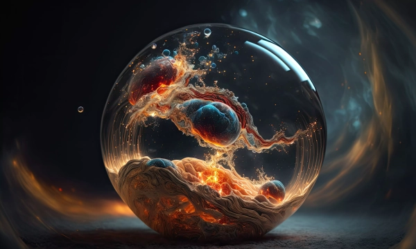 A glowing, abstract representation of molecular structures within a glass sphere, showcasing vibrant colors and dynamic movement against a dark, ethereal background.