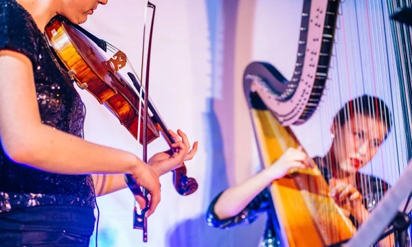 A close-up of two musicians performing: one plays the violin, while the other plays the harp, both dressed in sparkly outfits.