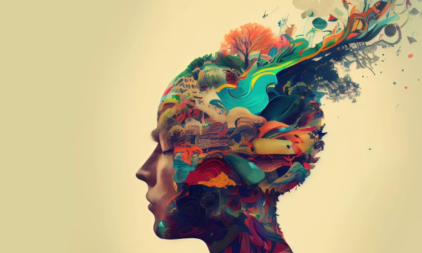 A vivid, artistic representation of a human profile filled with colorful, swirling patterns and natural elements symbolizing thoughts and creativity.