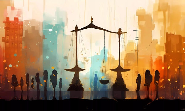 Silhouetted figures stand before a large, artistic depiction of scales symbolizing justice, set against an abstract cityscape illuminated in warm colors.