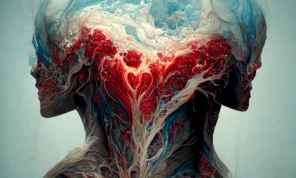 An abstract artwork featuring two profiles facing each other, interconnected by swirling patterns of red and blue, symbolizing love and emotion.