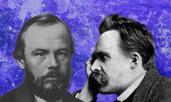 A digital collage featuring philosophers Fyodor Dostoevsky and Friedrich Nietzsche, set against a vibrant purple background.
