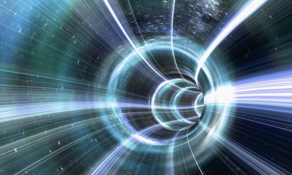 A futuristic visualization of a warp tunnel, depicting swirling lights and stars, suggesting the concept of traveling through space and time.