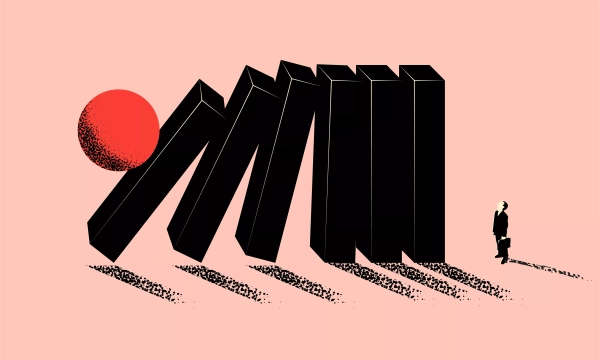 A silhouette of a person walking towards large black blocks resembling dominoes, with a red sun rising in the background against a pink backdrop.