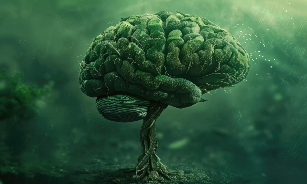 A surreal depiction of a brain resembling a tree, with textured roots and a vibrant green color, set against a misty background.