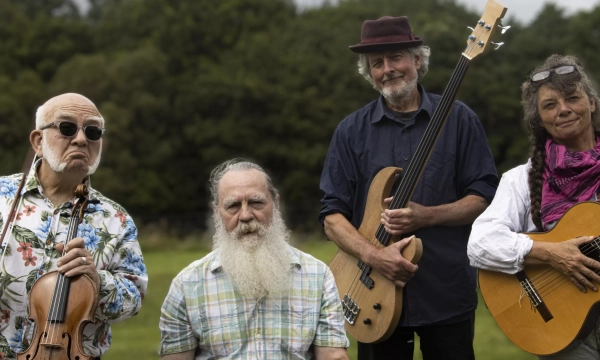 Four musicians pose outdoors with instruments, including a violin, bass guitar, and acoustic guitar, set against a backdrop of trees.