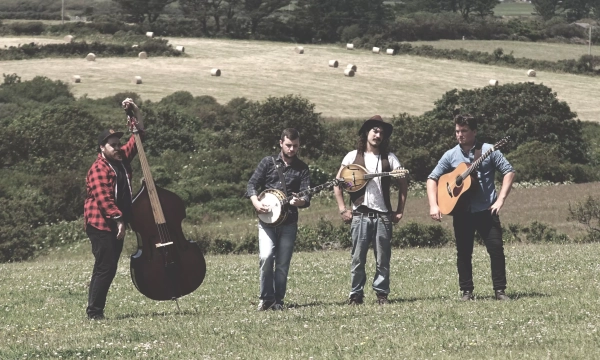 A group of four musicians stands in a grassy field, with one playing a double bass, another a banjo, and the others holding a mandolin and guitar.