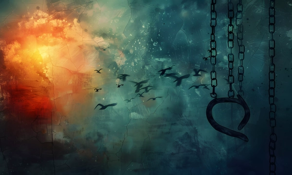 A surreal landscape featuring a colorful sunset, silhouette of birds in flight, and a large, dark, abstract hook hanging from chains.