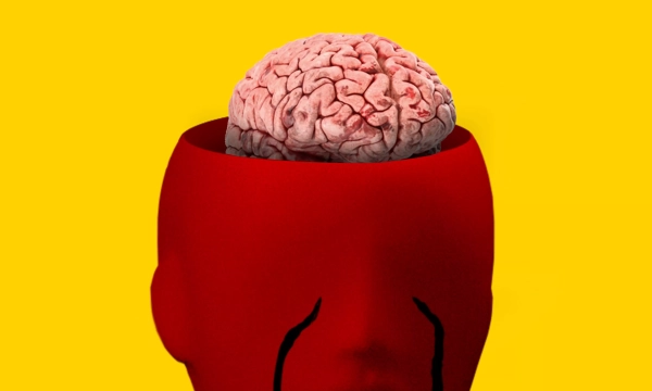 A red, stylized head with a brain exposed on top, set against a bright yellow background, emphasizing themes of thought and consciousness.