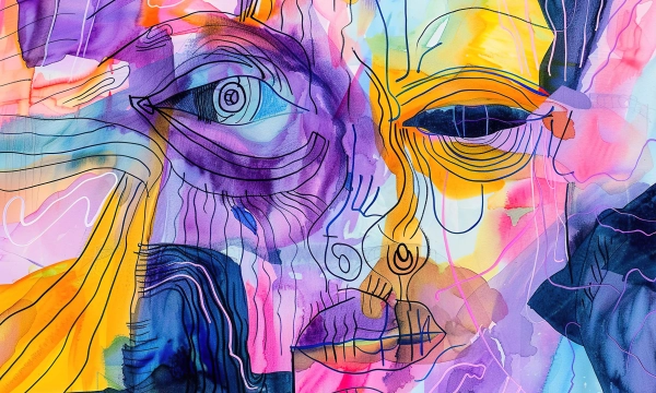 An abstract, colorful artwork featuring distorted facial elements with strong lines and vivid hues of purple, pink, yellow, and blue, evoking emotion and creativity.