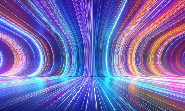 A dynamic, vibrant abstraction of swirling lights in blue, purple, pink, and orange, creating a sense of movement and depth against a dark background.