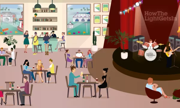 A vibrant scene of a lively venue with people enjoying food and drinks, a stage with musicians performing, and a colorful bar area in the background.