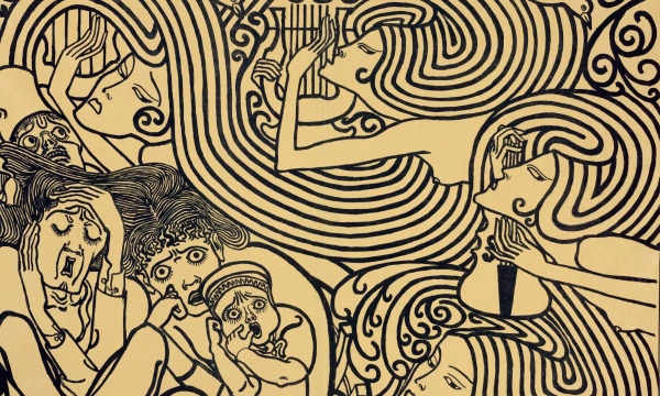 An abstract illustration featuring multiple stylized faces with swirling hair and expressions of distress, interconnected with flowing lines and shapes.