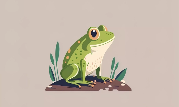 A cartoon-style illustration of a green frog sitting on a small patch of ground surrounded by green grass and plants.