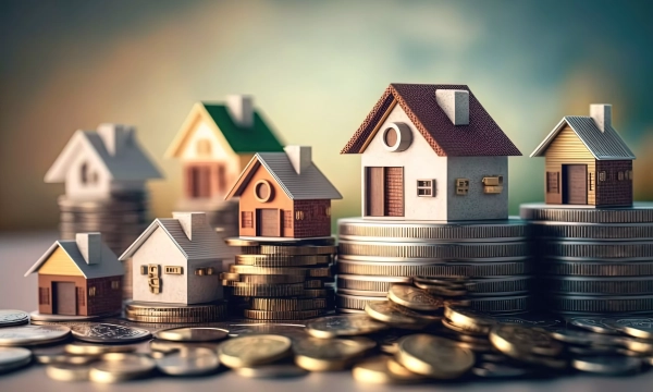 Model houses of various sizes are stacked on coins, symbolizing the concepts of real estate investment and wealth accumulation.