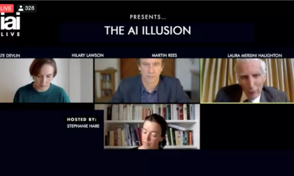 Panel discussion featuring Kate Devlin, Hilary Lawson, Martin Rees, and Laura Merisini Haughton, moderated by Stephanie Hare, focusing on the theme "The AI Illusion."