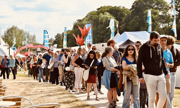 A long line of people waiting outside at a festival, with colorful flags and tents in the background under a sunny sky.