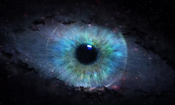 A cosmic eye with vibrant blue and green colors, set against a starry space background, symbolizing vision and perception.