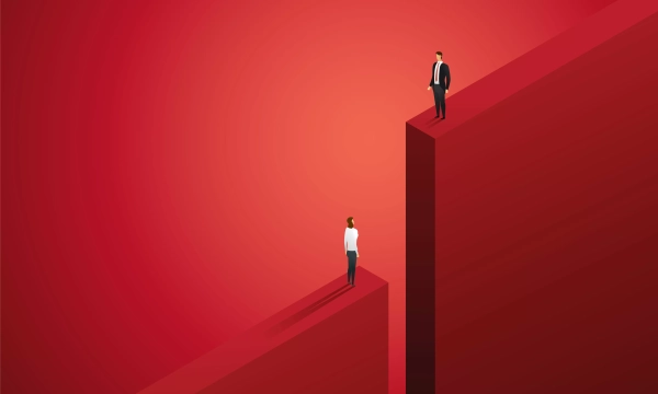 Two stylized figures stand on contrasting red geometric platforms, one in business attire on a higher ledge and another in casual clothing below, symbolizing disparity or competition.