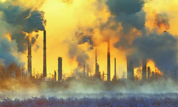 Silhouettes of industrial smokestacks emit thick smoke against a vibrant yellow-orange sunset, highlighting environmental pollution and industrial activity.