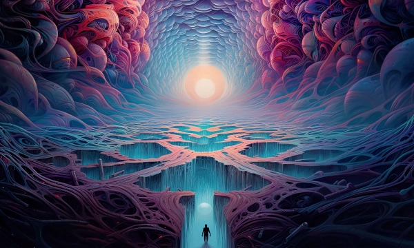 Surreal landscape featuring a figure standing before a vast, colorful expanse with intricate patterns and a glowing sun at the horizon.