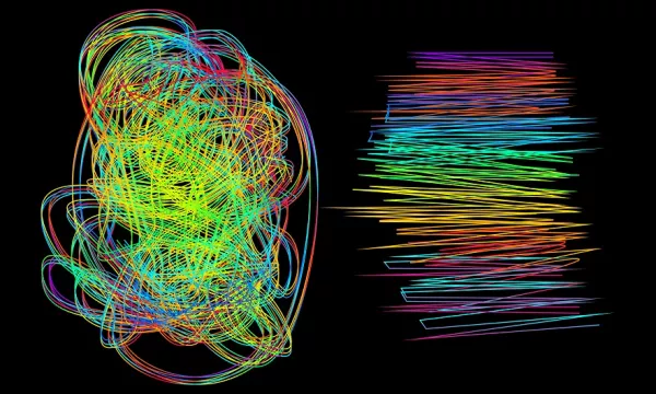 Colorful abstract lines and patterns on a black background, with a chaotic left side contrasting a more structured, linear design on the right.
