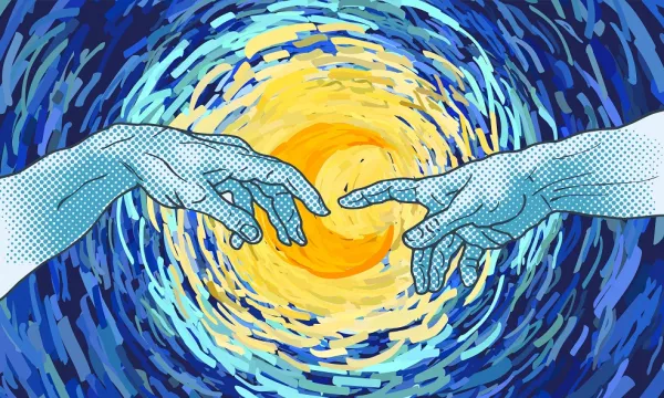 Artistic representation of two hands reaching toward each other, set against a swirling blue and yellow background, reminiscent of Michelangelo's "Creation of Adam."