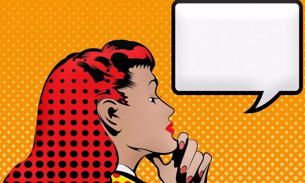 A stylized pop art graphic of a woman with red hair, deep in thought, set against an orange dotted background with an empty speech bubble.
