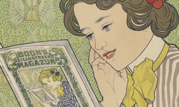 A young woman in vintage attire reads a magazine illustrated with a colorful cover, featuring a girl in a garden, surrounded by leafy patterns.